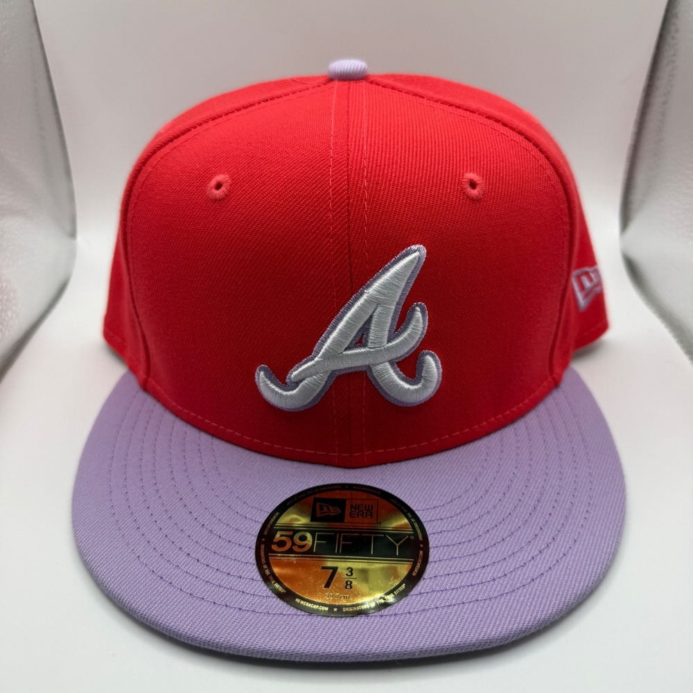 New Era 59FIFTY Atlanta Braves Hat Red Lavender 2 Tone Color Pack Fitted 7 3/8